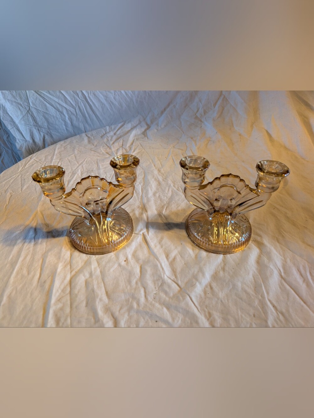 2/80$Vintage Amber iridescent Glass Double-Handled Candlestick Pair